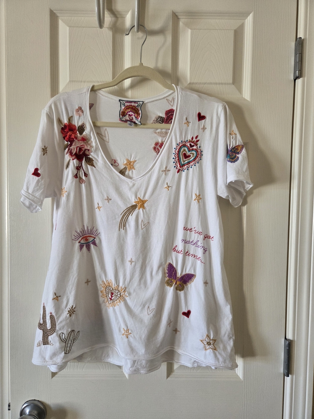 Johnny Was White Short Sleeve V-Neck Tee with Colorful Embroidery